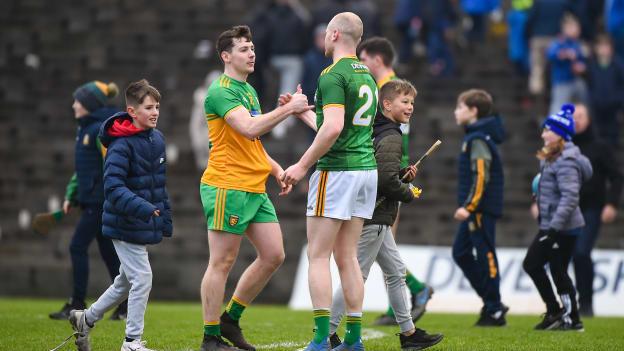 Jamie Brennan, Donegal, and Sean Tobin, Meath, shake hands following Sunday's Allianz Football League Division One clash at Pairc Tailteann.