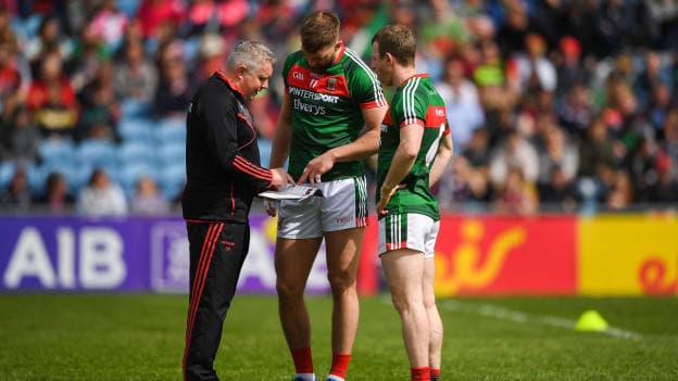 Mayo manager Stephen Rochford speaks to Aidan O'Shea and Colm Boyle ahead of the Connacht SFC Quarter-Final against Galway last month.