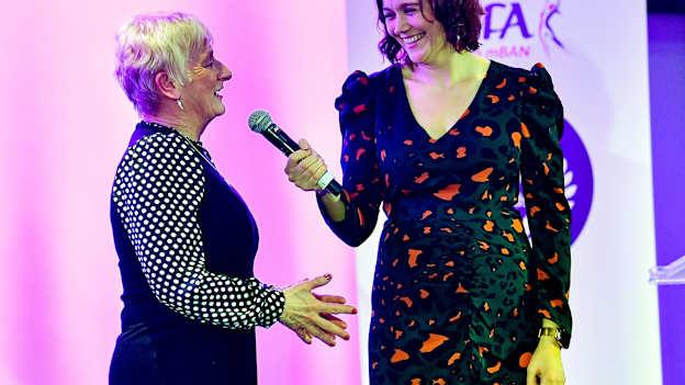 Mary Power O’Shea, Mullinahone, Tipperary, winner of the Volunteer Hall of Fame award, is interviewed by MC Gráinne McElwain at the 2022 LGFA Volunteer of the Year awards night at Croke Park in Dublin. 