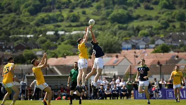 Fergal Conway of Kildare in action against Colum Duffin of Antrim during the GAA Football All-Ireland Senior Championship Round 2 match between Antrim and Kildare at Corrigan Park in Belfast, Antrim. 