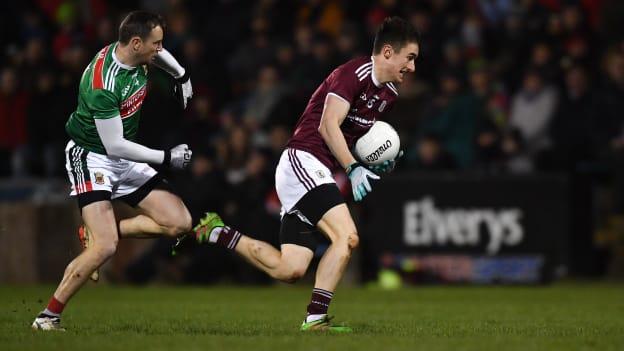 Antaine Ó Laoí of Galway gets away from Keith Higgins of Mayo during the Allianz Football League Division 1 Round 5 match between Mayo and Galway at Elverys MacHale Park in Castlebar, Mayo. 