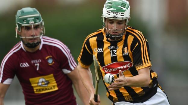 Shane Walsh, Kilkenny, and Joe Rabbitt, Westmeath, during the Bord Gais Energy Leinster Under 21 Hurling Championship clash at TEG Cusack Park, Mullingar.