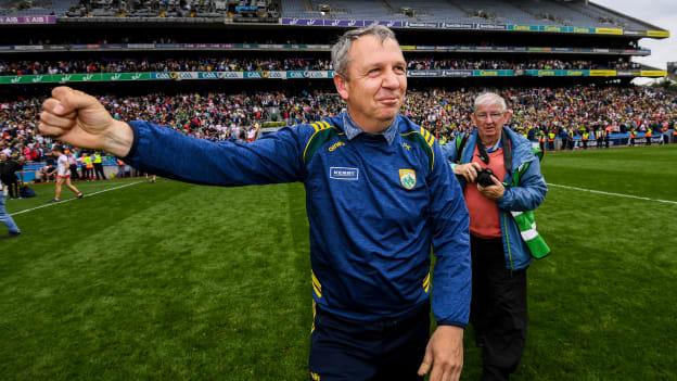 Peter Keane celebrates following Kerry's All Ireland SFC Semi-Final win over Tyrone at Croke Park.