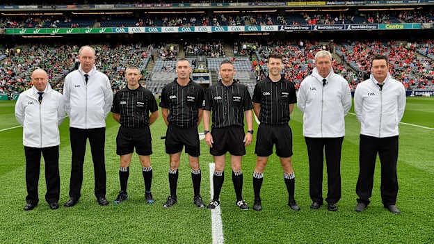 Referee Fergal Horgan with his officials Liam Gordon, James Owens and Seán Stack, and his umpires John Ryan, Alan Horgan, Mick Butler and Sean Bradshaw before the GAA Hurling All-Ireland Senior Championship Final match between Cork and Limerick in Croke Park, Dublin. 