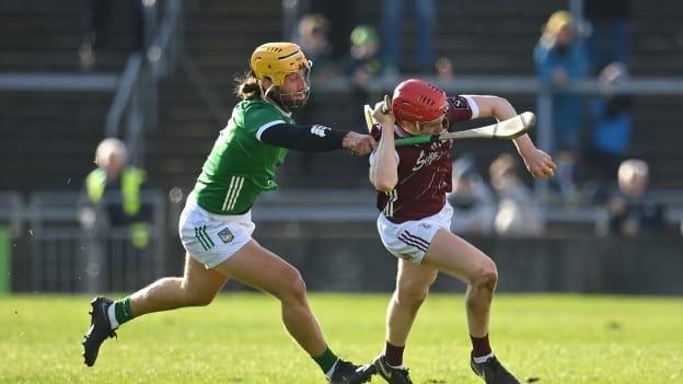 Tom Morrissey, Limerick, and Tom Monaghan, Galway, in Allianz Hurling League action at Pearse Stadium. Photo by Seb Daly/Sportsfile