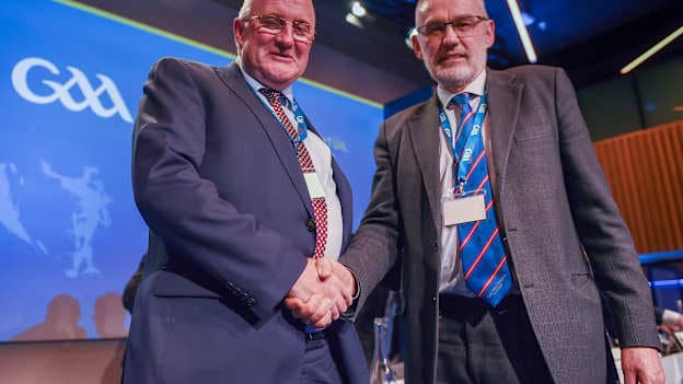 Larry McCarthy, right, with Uachtarán Chumann Lúthchleas Gael John Horan after he was elected to be the 40th president of the GAA during the GAA Annual Congress 2020.