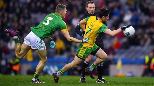 Ryan McHugh, Donegal, and Conor McGill, Meath, during the Allianz Football League Division Two Final at Croke Park.