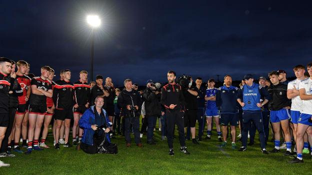 Down manager Conor Laverty gives a speech to both sides after the EirGrid Ulster GAA Football U20 Championship Final match between Down and Monaghan at Athletic Grounds in Armagh