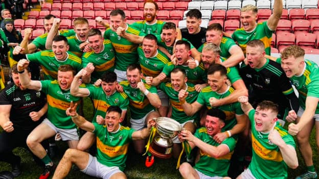 Glen players celebrate after victory over Slaughtneil in the Derry SFC Final.        
