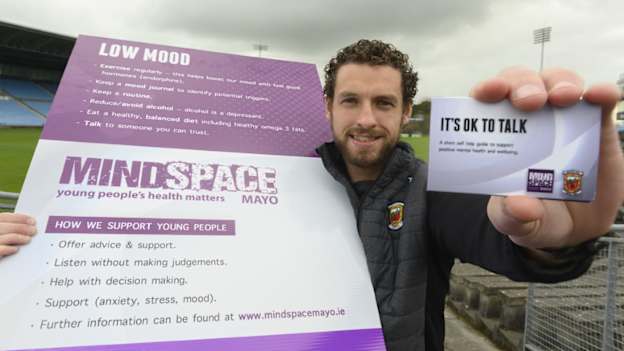 Mayo footballer Tom Parsons is pictured at the launch of a positive mental health and well-being initiative that is being promoted by Mindspace Mayo and Mayo GAA. The initiative will see pocket-sized cards with tips and advice for positive mental health distributed around Mayo. Mindspace is a charity partner of Mayo GAA.