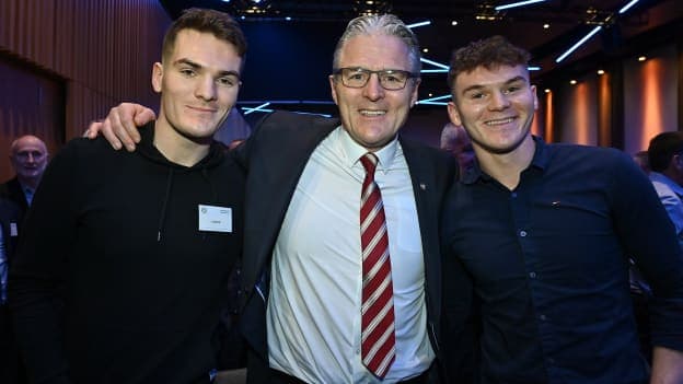 Jarlath Burns with his sons Jarly Óg and Conal after he was voted-in as the GAA president elect during day one of the GAA Annual Congress 2023 at Croke Park in Dublin.