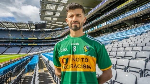 Zak Moradi pictured with the newly launched Leitrim hurling jersey. 