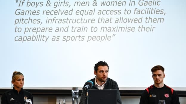 Gaelic Players Association chief executive Tom Parsons, centre, alongside, Galway camogie player Niamh Kilkenny, left, and Tyrone footballer Conor Meyler during a GPA Media Briefing ahead of GAA Congress 2022.