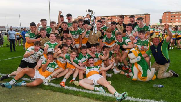 Offaly players celebrate with the cup after the EirGrid Leinster GAA Football U20 Championship Final match between Dublin and Offaly at MW Hire O'Moore Park in Portlaoise, Laois.