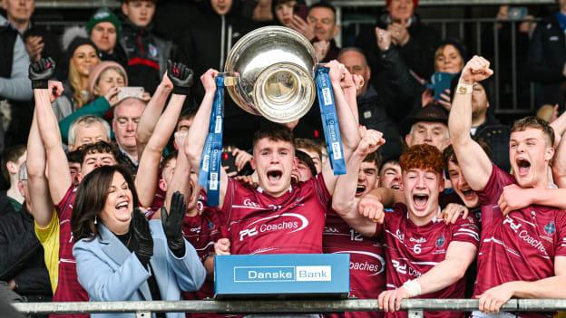 Omagh CBS captain Eoin McElholm lifts the MacRory Cup after victory over Holy Trinity Cookstown. 