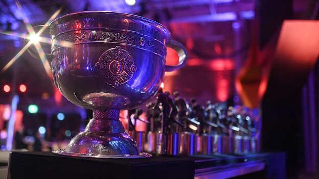 The Sam Magure cup on stage before the start of the 2023 PwC GAA/GPA All-Star Awards at the RDS. Photo by Brendan Moran/Sportsfile