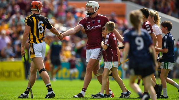 Cillian Buckley and Joe Canning shake hands following the Leinster SHC Final replay at Semple Stadium.