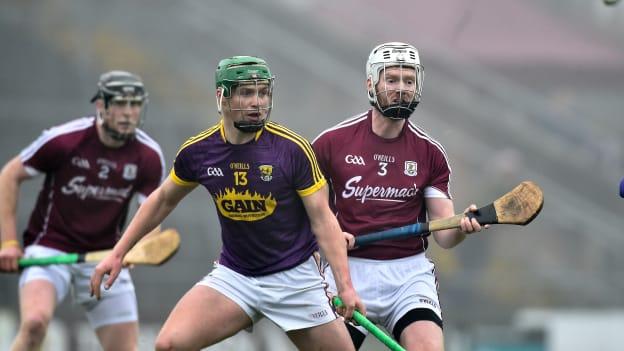 Conor McDonald, Wexford, and John Hanbury, Galway during their Allianz Hurling League Division 1B clash at Pearse Stadium in February.