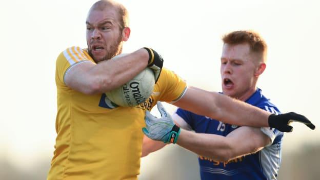 Sean McVeigh, Antrim, and Bryan Magee, Cavan, in Dr McKenna Cup action.