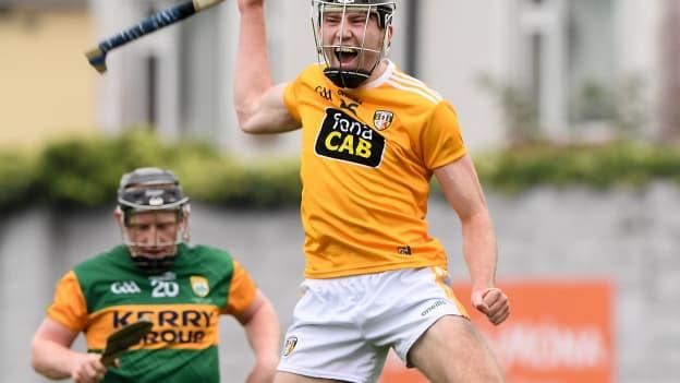 Antrim's Aodhan O'Brien celebrates at Bord Na Mona O'Connor Park.