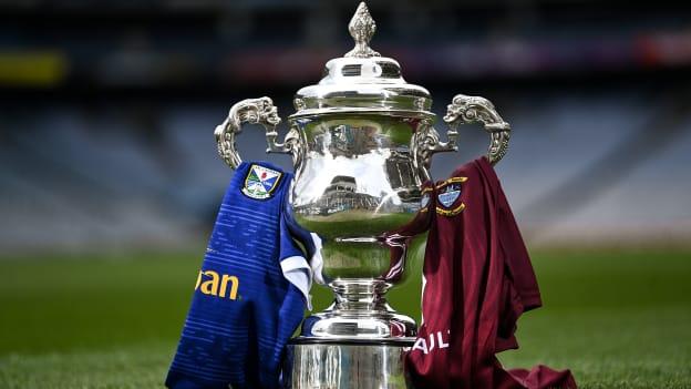 The Tailteann Cup with the Cavan and Westmeath jerseys ahead of the inaugural final of the competition at Croke Park on Saturday.