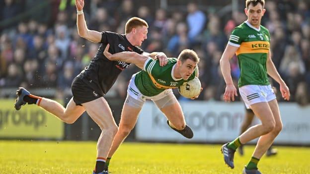 Stephen O'Brien of Kerry in action against Ciaran Mackin of Armagh during the Allianz Football League Division 1 match between Armagh and Kerry at the Athletic Grounds in Armagh. 