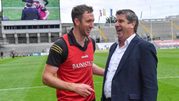 Offaly manager Michael Fennelly is congratulated by Offaly GAA chairman Michael Duignan after the Christy Ring Cup Final match between Derry and Offaly at Croke Park in Dublin. 