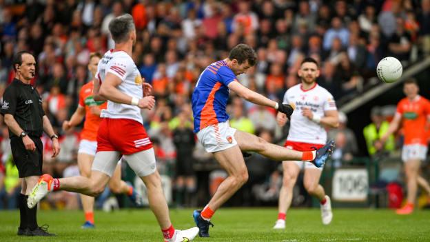 Armagh goalkeeper Ethan Rafferty kicks a point during the GAA Football All-Ireland Senior Championship Round 1 match between Armagh and Tyrone at Athletic Grounds in Armagh.