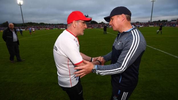 Mickey Harte and Jim Gavin shake hands following the All Ireland SFC Quarter Final Group Phase clash at Healy Park in July.