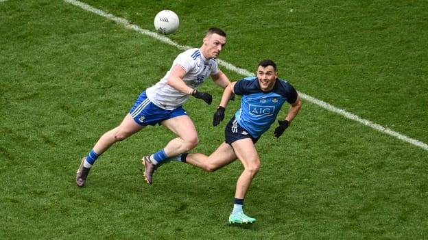 Colm Basquel, Dublin, and Killian Lavelle, Monaghan, in All-Ireland SFC Semi-Final action at Croke Park. Photo by Daire Brennan/Sportsfile
