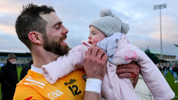 Neil McManus of Antrim with his daughter Aoibhín after the Allianz Hurling League Division 1 Group B match between Dublin and Antrim at Parnell Park in Dublin. Photo by Ray McManus/Sportsfile