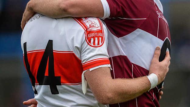 Mullinalaghta St Columba's captain Shane Mulligan, right, consoles Padraig Berry of Abbeylara after the 2018 Longford County Senior Football Championship Final match between Abbeylara and Mullinalaghta St Columba's at Glennon Brothers Pearse Park in Longford. 