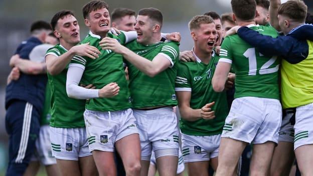 Brian Donovan of Limerick, 11, celebrates with teammates after their victory in the penalty shoot-out of the 2022 Munster GAA Senior Football Championship Quarter-Final match between Clare and Limerick at Cusack Park in Ennis, Clare.