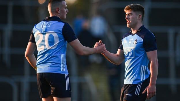 Dublin's Greg McEneaney and Séamus Smith celebrate at Páirc Tailteann. Photo by Seb Daly/Sportsfile