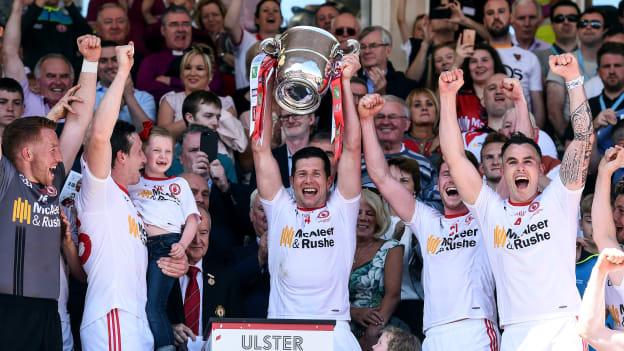 Sean Cavanagh of Tyrone holds aloft the Anglo-Celt Cup after the 2017 Ulster GAA Football Senior Championship Final match between Tyrone and Down at St Tiernach's Park in Clones, Co. Monaghan. Photo by Oliver McVeigh/Sportsfile.