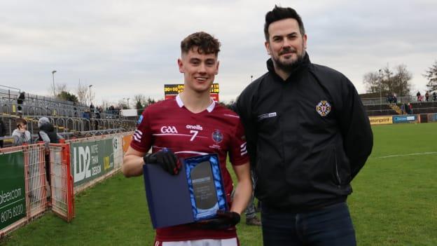 Man of the match, Tomás Haigney, pictured collecting the Iggy Jones trophy from Kevin Heavern of MacRory Cup sponsors, Danske Banke. MACRORY CUP FINAL 🏆


 
