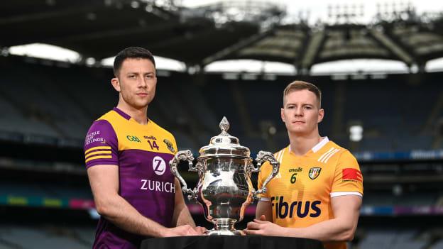 Eoghan Nolan of Wexford, left, and Peter Healy of Antrim during the Tailteann Cup launch at Croke Park in Dublin. Photo by David Fitzgerald/Sportsfile.