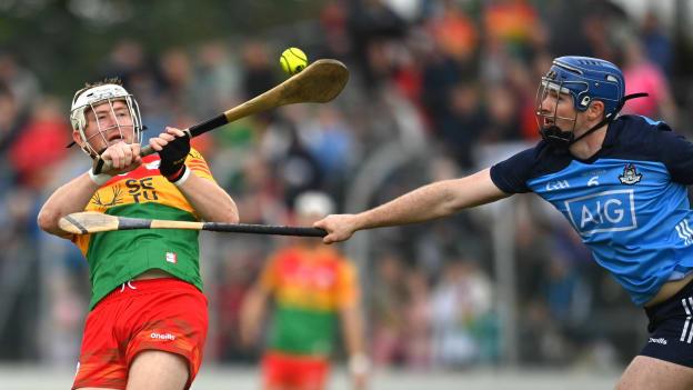 Jon Nolan, Carlow, and Conor Burke, Dublin, in All-Ireland SHC action. Photo by Sam Barnes/Sportsfile