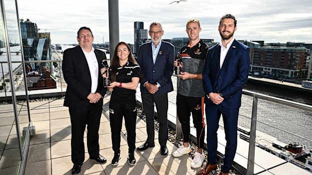 PwC Managing Partner Enda McDonagh, Cork Camogie player Amy O'Connor, Uachtarán Chumann Lúthchleas Gael Larry McCarthy, Dublin footballer Paul Mannion and GPA CEO Tom Parsons at the PwC offices in Dublin. Photo by Eóin Noonan/Sportsfile