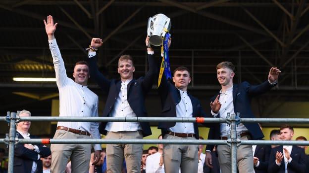 Tipperary players, from left, Mark McCarthy, Jason Ryan, Paddy Cadell and Tom Fox with the Liam MacCarthy cup at the Tipperary All-Ireland hurling champions homecoming event at Semple Stadium in Thurles, Tipperary. 