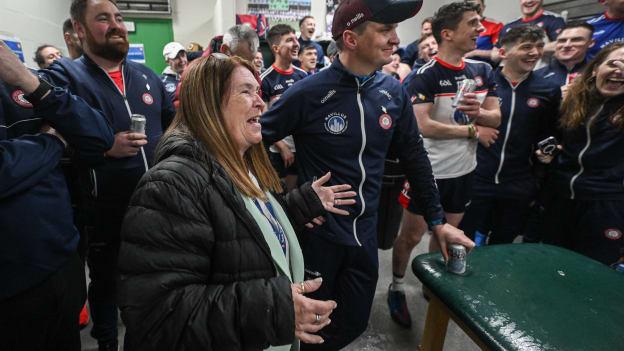 New York GAA chairperson Joan Henchy speaks in the dressing room after the Connacht GAA Football Senior Championship win over Leitrim. Photo by David Fitzgerald/Sportsfile