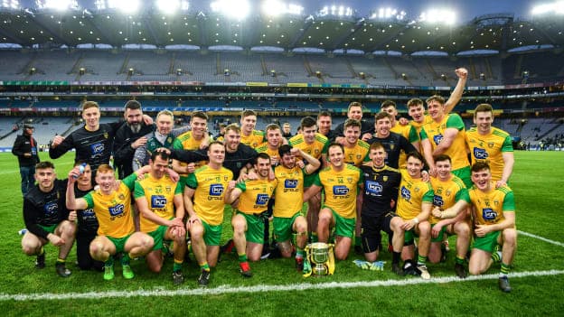 Donegal players celebrate at Croke Park following Saturday's Allianz Football League Division Two Final win over Meath.