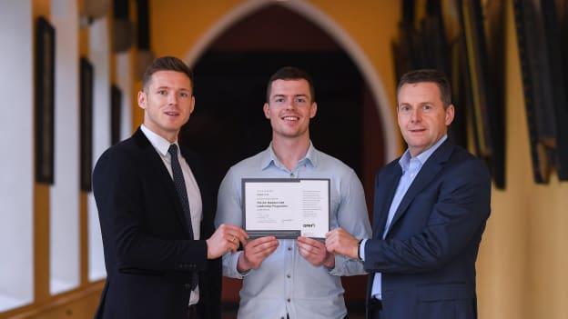 Mayo footballer Stephen Coen receives his certificate from GPA CEO Paul Flynn, left and Chairman of Ronoc Michael Madden during the Jim Madden GPA Leadership Programme Graduation for 2019 at NUI Maynooth in Maynooth, Co Kildare. 