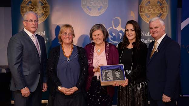 Family members of the late referee Harry Boland, Dublin, who refereed the 1914 All-Ireland Football Final and replay and played an active part in the 1916 Rising before dying in the 1922 Civil War, pictured from second from left, grand-neices Bróna Uí Loi