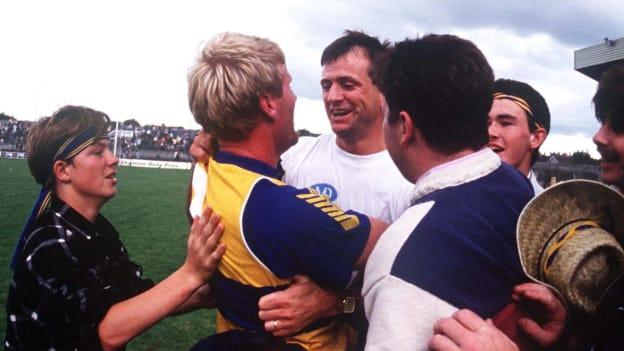 Clare manager, John Maughan, celebrates with Clare footballer Frankie Griffin after victory over Kerry in the 1992 Munster SFC Final. 