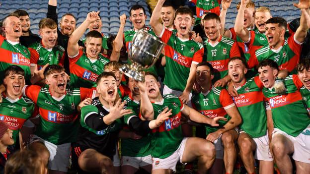 Ballina Stephenites players celebrate with the Paddy Moclair Cup after their side's victory in the Mayo County Senior Club Football Championship final match between Ballina Stephenites and Breaffy at Hastings Insurance MacHale Park in Castlebar, Mayo. Photo by Piaras Ó Mídheach/Sportsfile.