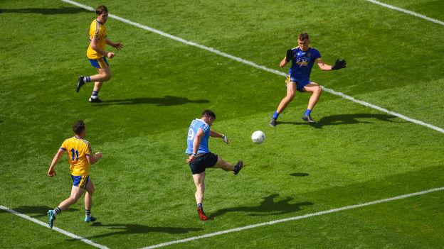 Michael Darragh MacAuley of Dublin scores his side's second goal during the GAA Football All-Ireland Senior Championship Quarter-Final Group 2 Phase 3 match between Dublin and Roscommon at Croke Park.