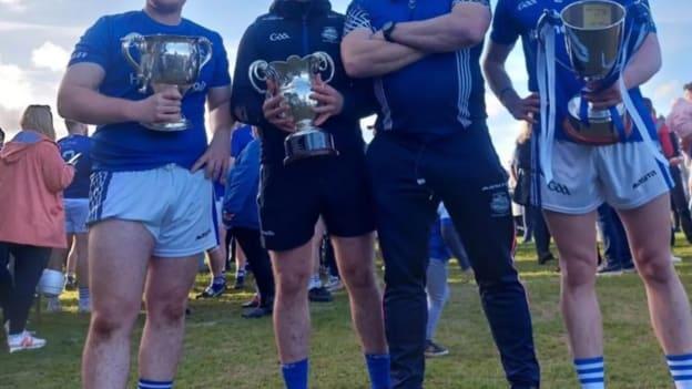 Left to right, Kildalkey junior hurling captain, Aaron Traynor, senior captain, David Conneely, senior and intermediate manager, Nick Fitzgerald, and intermediate captain, Shane Reilly. 