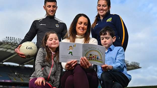 Author Rachel Cooper, centre, with Roscommon footballer Ciaráin Murtagh, Meath ladies footballer Shauna Ennis and Lara Earley, age 8, from Raheny and Jacob Lewis, age 9, from Dundrum at the launch of the 'Abair Linn Learn our Anthem' book at Croke Park.