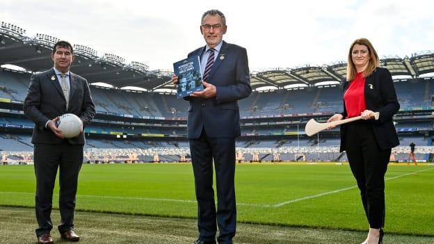 In attendance at the launch of the Introduction to Coaching Gaelic Games at Croke Park in Dublin, are, from left, Uachtarán Cumann Peil Gael na mBan, Mícheál Naughton, Uachtarán Chumann Lúthchleas Gael Larry McCarthy and Hilda Breslin, President of the Camogie Association.